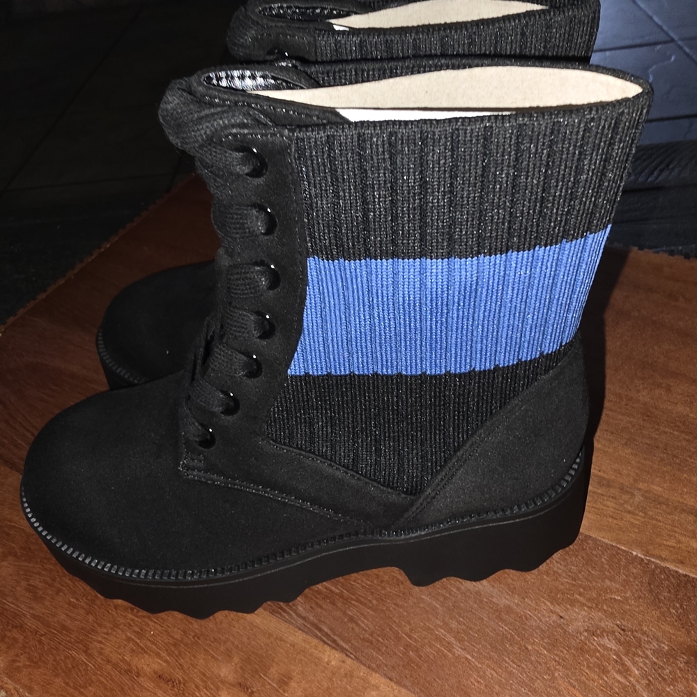 A2 By Aerosoles Black Boots with Blue Knit Cuff